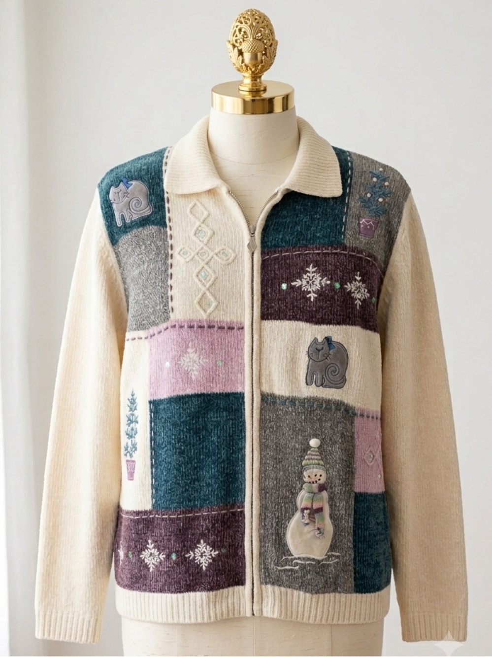 Vtg Alfred Dunner Patchwork Christmas Cardigan XL Grannycore Cat Snowman Zip Up